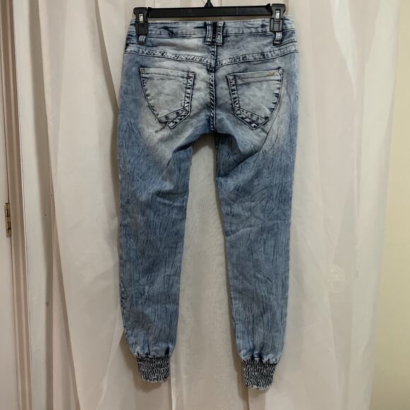 Ranbeeri Jeans Jogger 27 USA Sz 3 Button Drawstring Stretch Blue Bleached Ripped - Picture 5 of 6